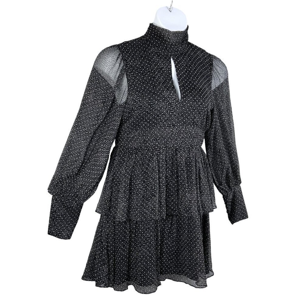 Caballero M 100% Silk Tiered Speckled Long Sleeve Dress Keyhole Turtle Neckline